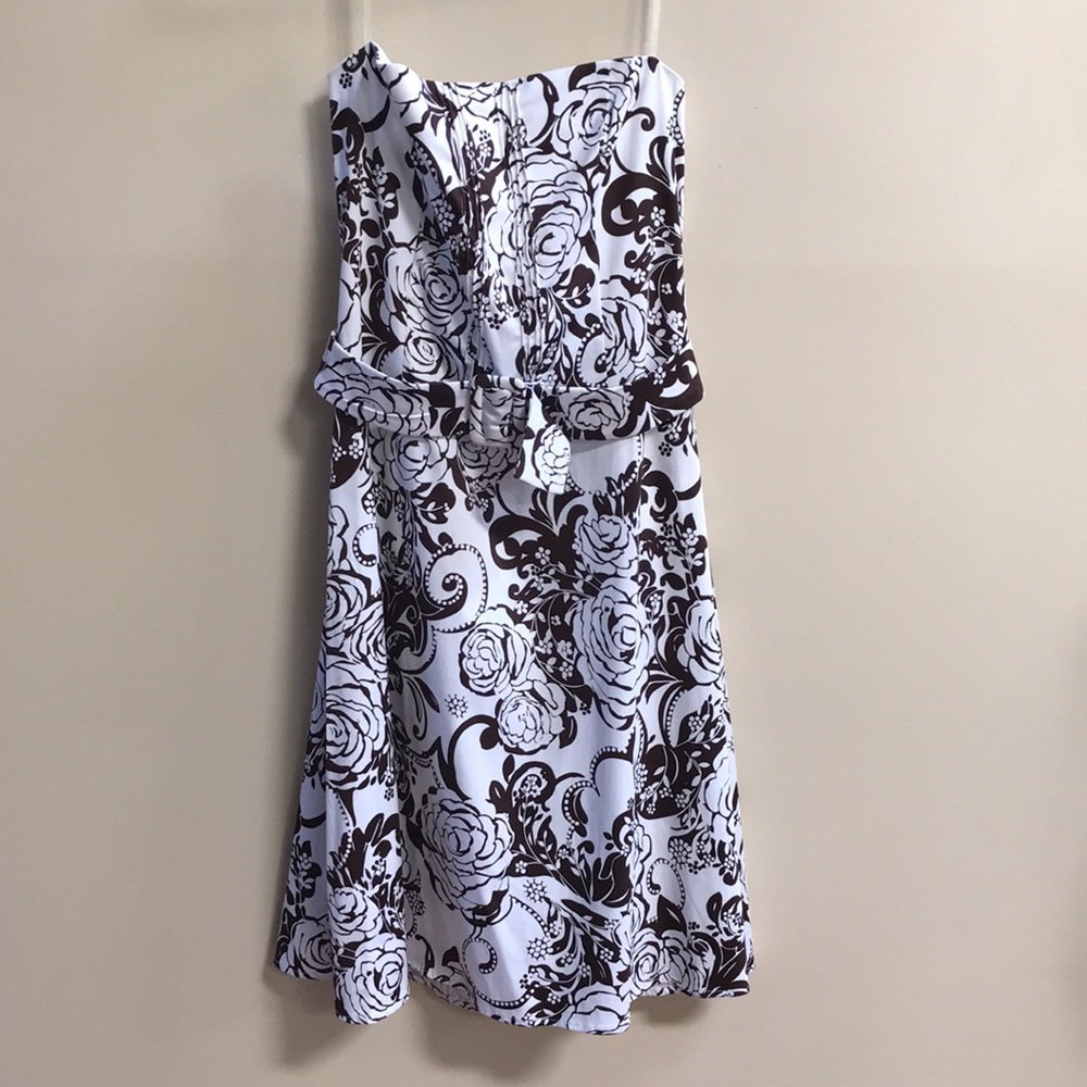 NWT B. Smart Strapless Brown & White Flower Print Belted Sundress Size 16